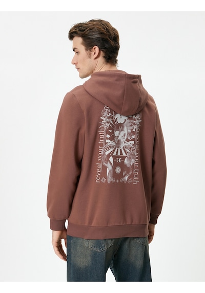Koton Arkası Baskılı Hoodie Sloganlı Kanguru Cepli Kahverengi 4wam70256mk Kahverengi