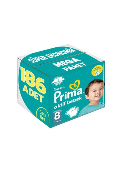 Prima Bebek Bezi Beden:8 17+kg Xxx Large 186 Adet 8 Numara