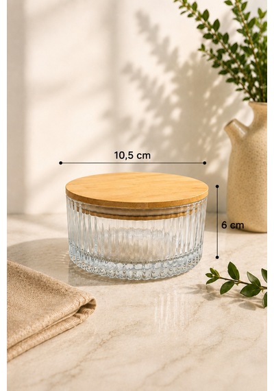 Merlin - 6'lı Bambu Vakum Kapaklı Cam Kahvaltılık Çerezlik 10 Cm Bambu