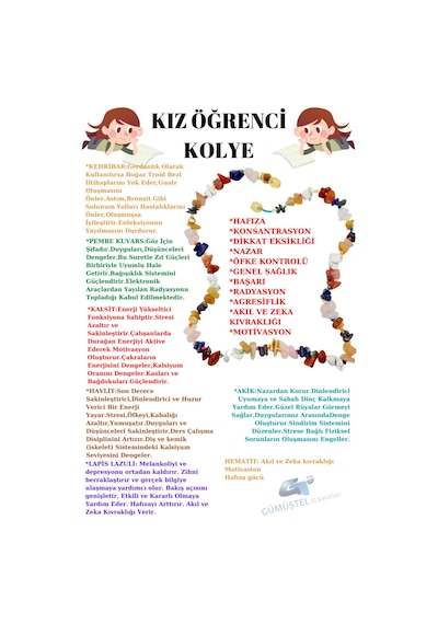 Sertifikalı Kız Öğrenci Kolyesi Kehribar P. Kuvars Kalsit Havlit Lapis Akik Hematit Doğal Taş Kolye Çok REnkli