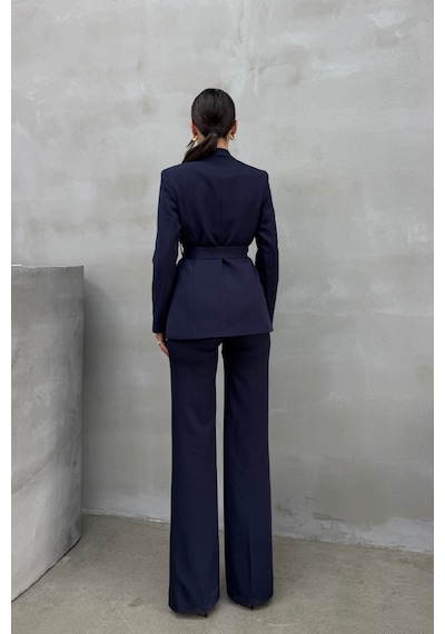 Msm Fashion Kadın İkili Kuşaklı Blazer Ceket Pantolon Takım Lacivert