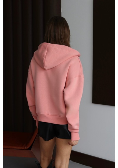 Balenbi Kadın 3 İplik İçi Polarlı Kapüşonlu Oversize Sweat Hırka 1110 Somon