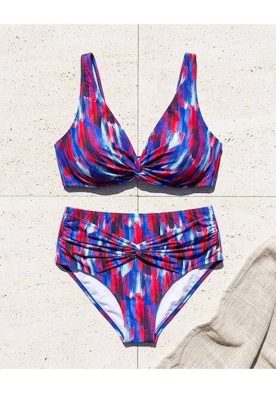 Büyük Beden Üçgen Sabit Pedli Desenli Toparlayıcı Yüksek Bel Kadın Bikini Takım Saks