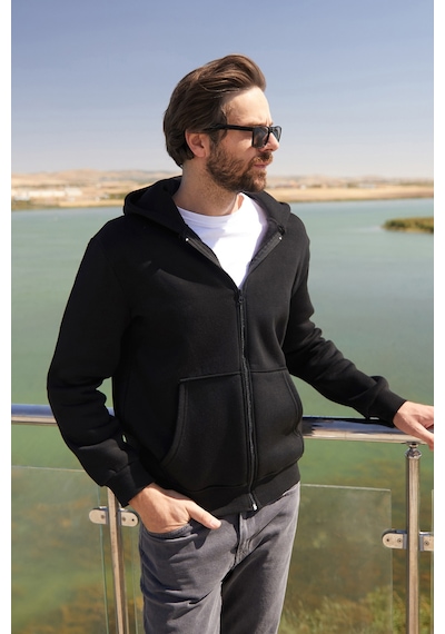 Fullamoda 3 İplik Fermuarlı Kanguru Cepli Sweatshirt Siyah