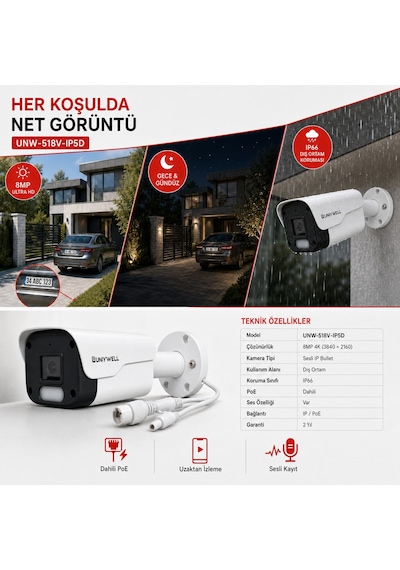 Unıywell 8 Mp 4k Dahili Poe Sesli İp Bullet Kamera
