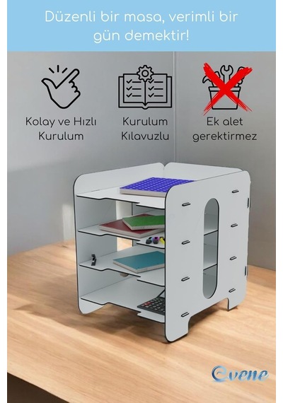 Evene Dosya Düzenleyici Masa Üstü Organizer Ahşap Enanrak Raflı Model 1, Beyaz, Evene