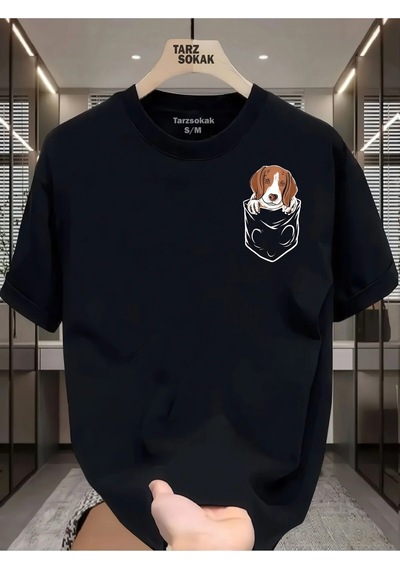 Tarzsokak Unisex Kod 2 Köpek Minimalis Baskı T-shirt Siyah