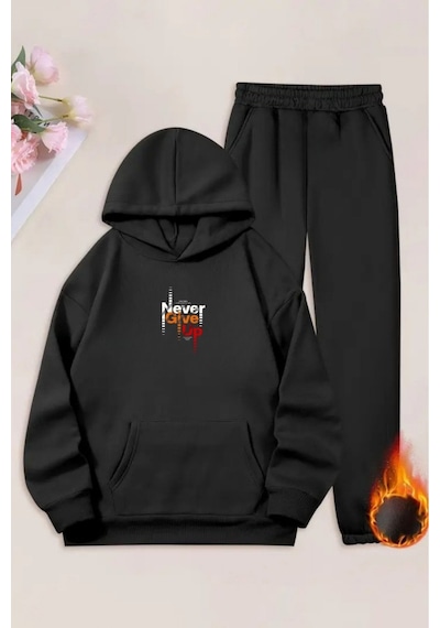 Unisex Siyah Never Give Up Baskılı Eşofman Kapüşon- Kışlık Şardonlu Kumaş Siyah