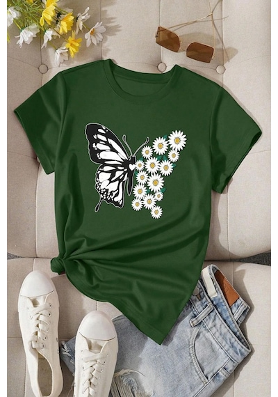 Kadın Pamuklu Ön Baskılı Papatya Kelebek Tasarım Tshirt Yeşil