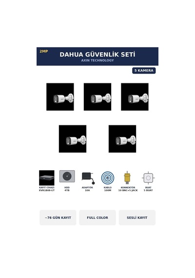 5 Kameralı 2mp Güvenlik Kamera Seti Gece Renkli Full Color Sesli Bullet 4tb 76 Gün Kayıt