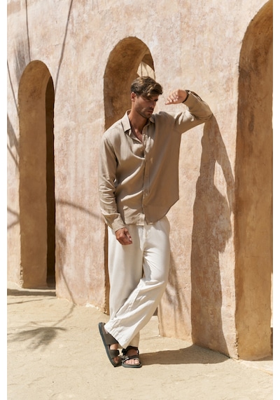 Mai Collection Mai Studios Co. Agnola Oversize Erkek Bej Keten Gömlek Bej
