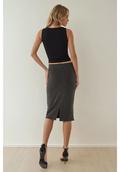 Hiccup Yüksek Bel Bodycon Midi Örme Etek Kömür Grisi