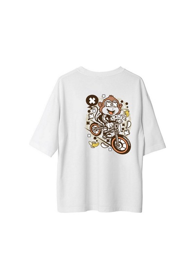 Paybuy Eğlenceli Maymun Bisiklet Macerası Baskılı Kadın Oversize Tişört Beyaz