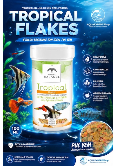 White Balance Tropical Flakes - Tropical Balık Yemi - Özel Formül - Zengin İçerik - Özel Türler İçin Besleyici - 100 Ml