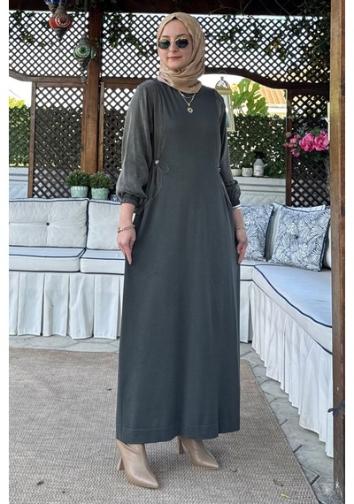 Rabia Şamlı Aslı Cupra Detaylı Triko Elbise Haki Normal
