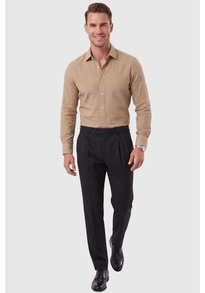 Rizzup Erkek Slim Fit %95 Pamuk Çizgi Dokulu Açık Kahve Ütü Gerektirmeyen Gömlek 2600002 Açık Kahverengi