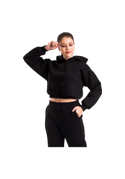 Caya Kadın Ekru Renk Kapüşonlu Crop Kesim Sweatshirt Cy84196 Beyaz Siyah