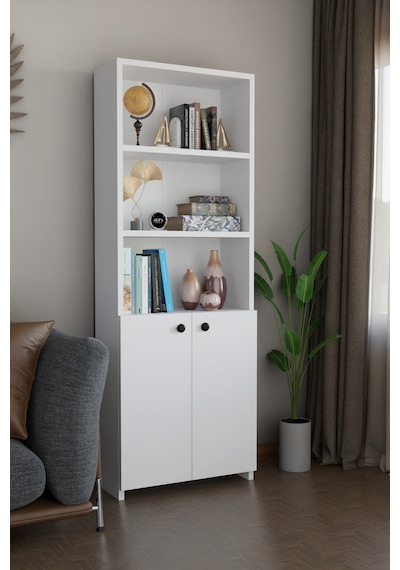 Kapaklı Çok Amaçlı Salon Dolabı 150x50x22 Cm Raflı Kitaplık Dekoratif Depolama Ünitesi Beyaz