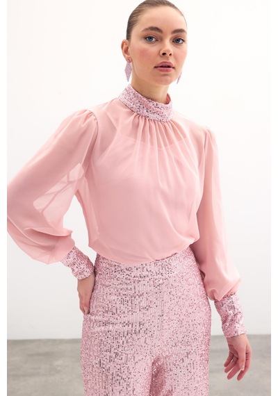 Sateen Payet Detaylı Bluz - Pudra-135851 Pudra Sateen Payet Detaylı Bluz - Pudra-135851 Pudra