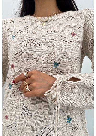 Femelle Kadın Bej Standart Beden Bileği Bağlamalı Nakış Işlemeli Triko Kazak S Ve M Beden Uyumlu