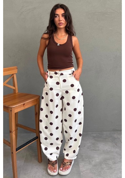 Madmext Ekru Puantiyeli Beli Lastikli Balon Kadın Pantolon Mg2886