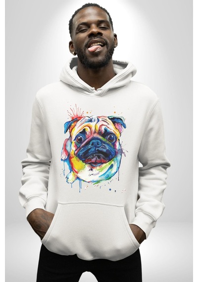 Sulu Boya Pug Köpek Kadın Erkek Beyaz Kapüşonlu Sweatshirt Hoodie Beyaz