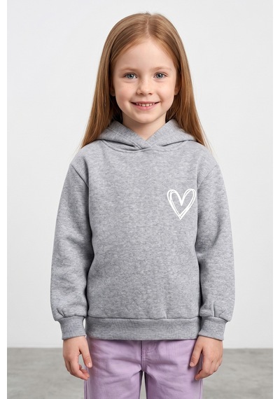 Fullamoda 3 İplik Kalp Baskılı Kapüşonlu Kız Çocuk Sweatshirt Gri
