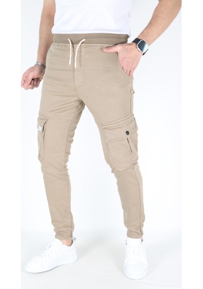 Blayn Jeans Erkek Açık Gri Kargo Cepli Paça Bel Lastikli Likralı Kargo Cep Pantolon Nohut
