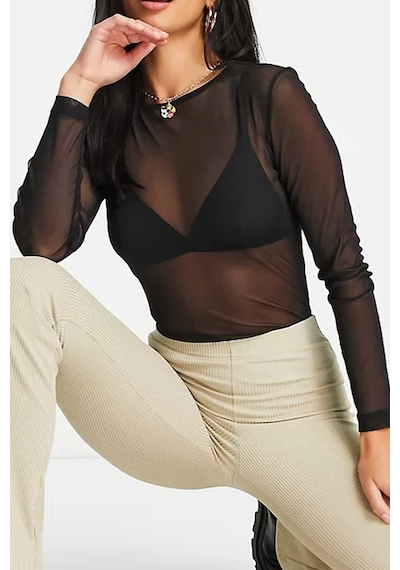 Moda Mistik Siyah Tül Bluz Uzun Kollu Transparan Sexy Siyah