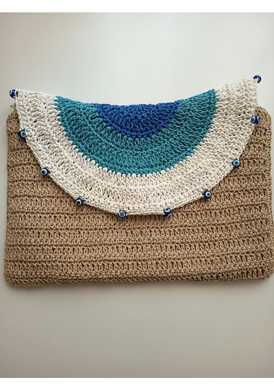 Elmundo Butik Kağıt İp El Yapımı Nazar Boncuğu Clutch Çanta Bej - Mavi -beyaz