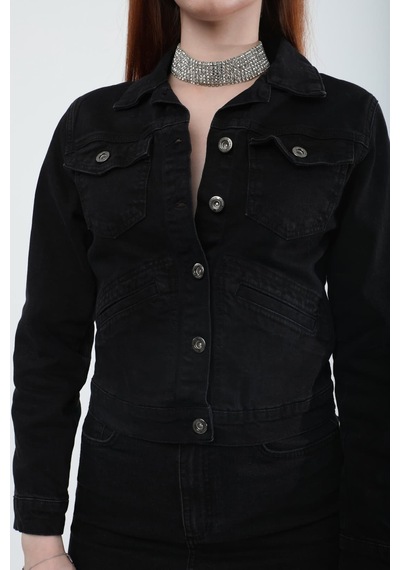 Kadın Cep Detaylı Slim Fit Jean Ceket Siyah 001