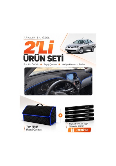 Nissan Almera Ekranlı 2000-2006 Uyumlu Torpido Örtüsü + Tay Tüyü Bagaj Çantası Seti - Siyah Mavi