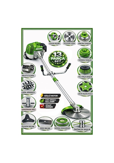 Dragro German Drg-13 + Yan Tipi Benzinli Ot Çalı Çim Biçme Tırpanı + Full Set Hediyeli + Çift Çapa Y