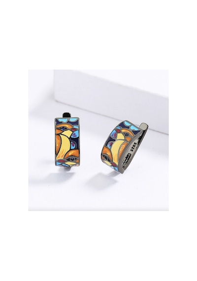 Glaze Bird El Yapımı Emaye 925 Ayar Gümüş Özel Tasarım Siyah Spinel Kuş Etnik Küpe Turkuaz - Gri