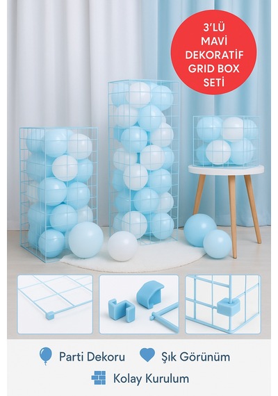 3 Lü Mavi Plastik Grid Box Seti Dekoratif Balon Kutusu Baby Shower & Doğum Günü Süsü