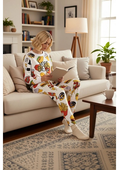 Benerly Kadın Bisiklet Yaka Düşük Kol Fitted Örme Pijama Takımı Fonksiyon Beyaz