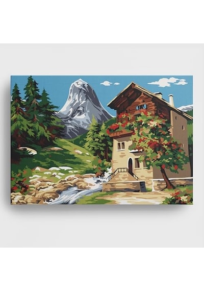 Sayılarla Boyama Tuval Hobi Seti Dere Ve Ev Temalı Fırça Ve Boya Dahil Set Çıtalı 40x50 Cm Kendin Yap Sayılarla Tuval Boya Kiti Kasnaklı