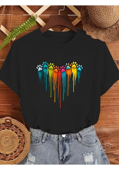 Unisex Sevimli Kedi Patili Kalp Tasarım Basklı Tshirt Siyah