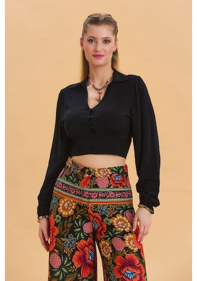 Los Banditos Gömlek Yaka Düğme Detaylı Crop Bluz Siyah