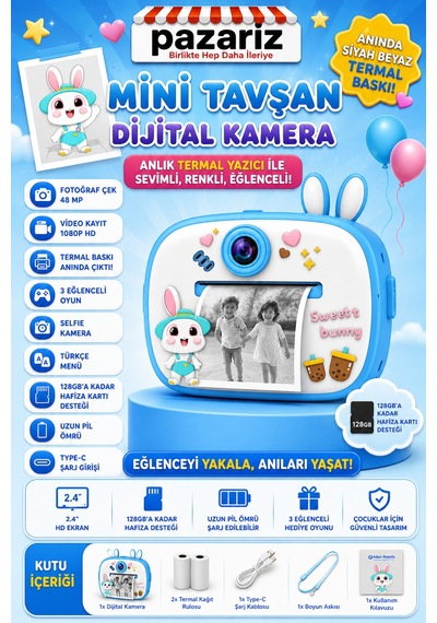 Çocuk Dijital Kamera Tavşan Temalı Termal Yazıcılı 2.4 İnç Ekran Fotoğraf Video Selfie 3 Oyunlu Anında Baskı Makinesi Print Kamera Çift Kamera, Silikon Kılıf Çocuk Dijital Kamera Tavşan Temalı Termal Yazıcılı 2.4 İnç Ekran Fotoğraf Video Selfie 3 Oyunlu Anında Baskı Makinesi Print Kamera Çift Kamera, Silikon Kılıf
