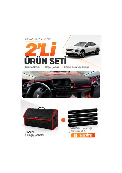 E-biz Cıtroen C4x Displaysiz 2020-2026 Uyumlu Torpido Örtüsü + Deri Çanta - Siyah-kırmızı - Cı001