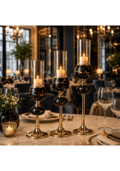 3'lü Siyah Mermer Desenli Gold Metal Dekoratif Cam Mumluk Şamdan