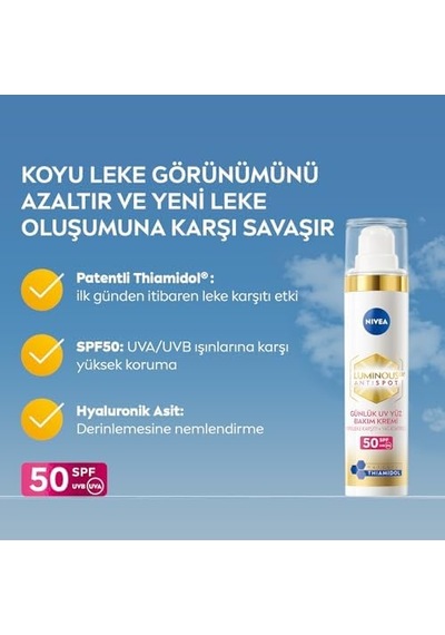 Luminous630 Leke Karşıtı Gündüz Bakım Kremi 40ml, Spf50 Yüksek Güneş Koruyucu, Hyaluronik Asit, E Vitamini, Hassas Cilt, Yüz Güneş Koruyucu, Koyu Leke, Güneş Lekesi Karşıtı