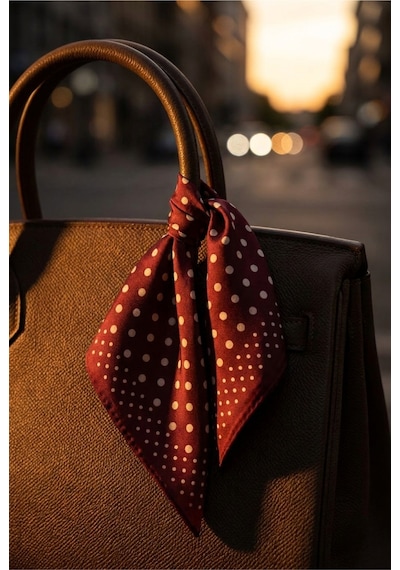 Last İcon Bordo Krem Puantiyeli İpek Fular Şal Bandana Boyun Aksesuarı Bordo