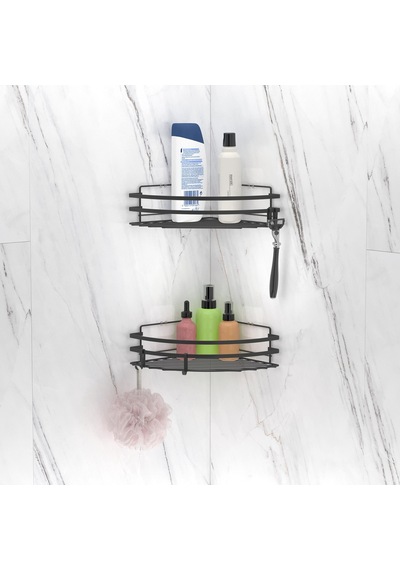 Teknotel Yapışkanlı Kancalı 2'Li Banyo Köşe Rafı Mat Siyah St207H Siyah