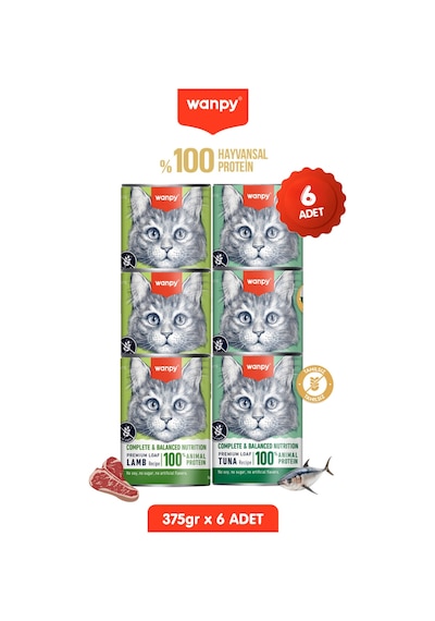 6lı Tahılsız Kedi %100 Gerçek Et Proteinli Kuzulu & Ton Balıklı Konserve 6 Adet 375 Gr