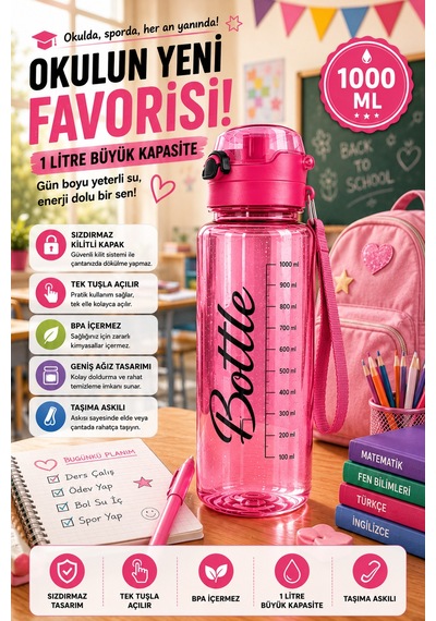 Pembe 1 Litre Suluk Matara Sızdırmaz Kilitli Kapaklı Bpa İçermez Okul Spor Su Şişesi 1000 Ml Askılı