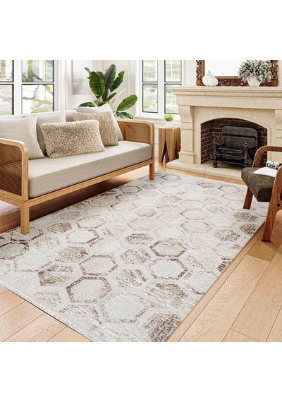 Bespoky Argilla Geometrik Modern Salon Halısı Makine Dokuma Krem