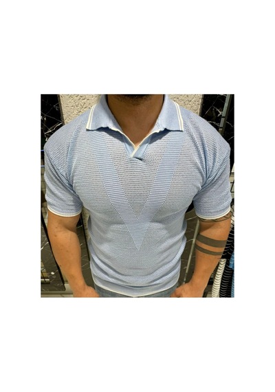 Cool Tarz Erkek Yumuşak Dokulu Polo Yaka Triko T-shirt Mavi Mavi