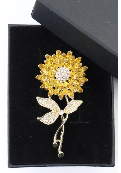 Ayçiçeği Broş. Taşlı Tasarım Ay Çiçekli Broş. Yaka Iğnesi Broş. Kadın Broş. Broş Gold